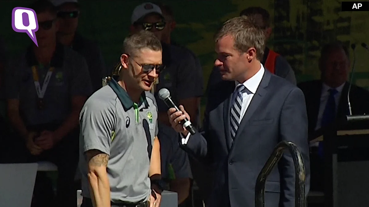 Michael Clarke speaks to his fans at the special victory ceremony in Melbourne. 