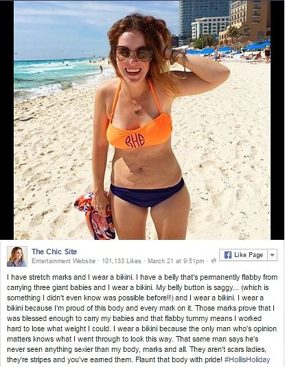 A woman posted a holiday picture of herself in a bikini, but for a change she flaunted her stretch marks with pride. 