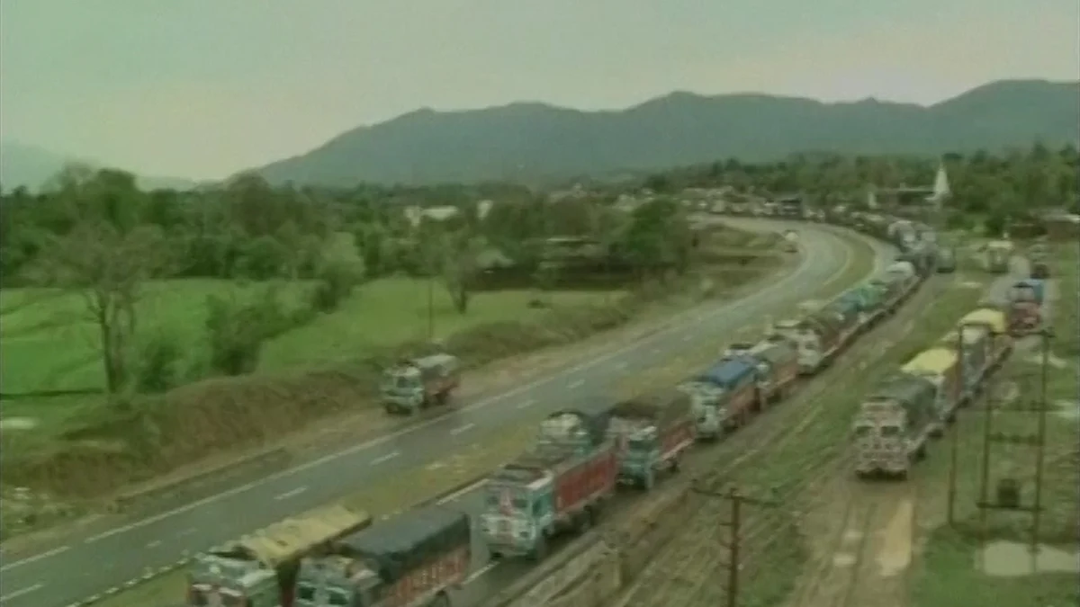 Trucks stranded on the J&K highway on Monday due to landslide in Udhampur (Photo: ANI)