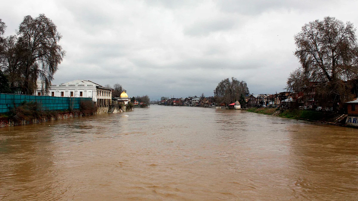 A view of a swollen river Jhelum this morning in Srinagar. ( Photo: Faisal Khan)