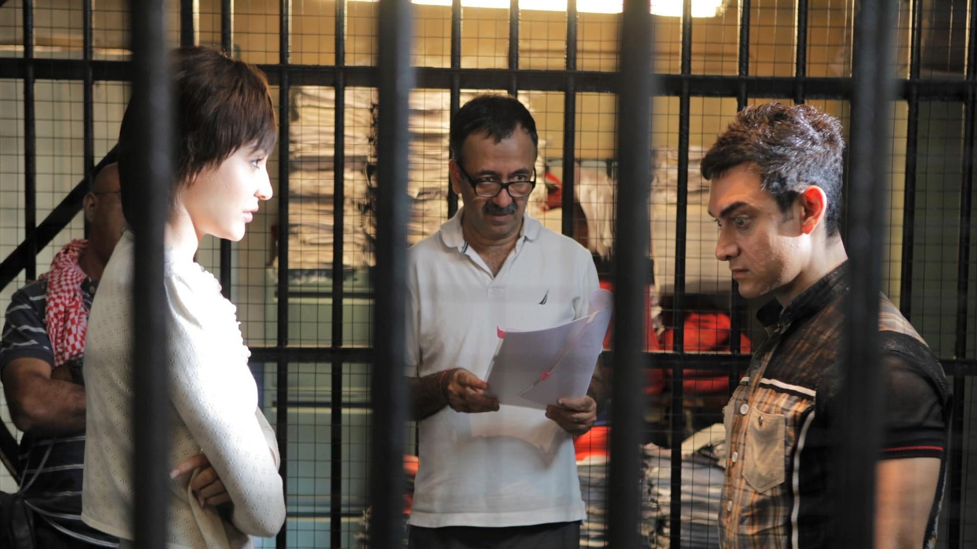 Rajkumar Hirani with Aamir Khan and Anushka Sharma on the sets of <i>PK.</i>