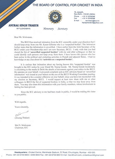 The letter sent to Srinivasan by Anurag Thakur (Photo Courtesy: <a href="https://twitter.com/ianuragthakur">@ianuragthakur</a>)