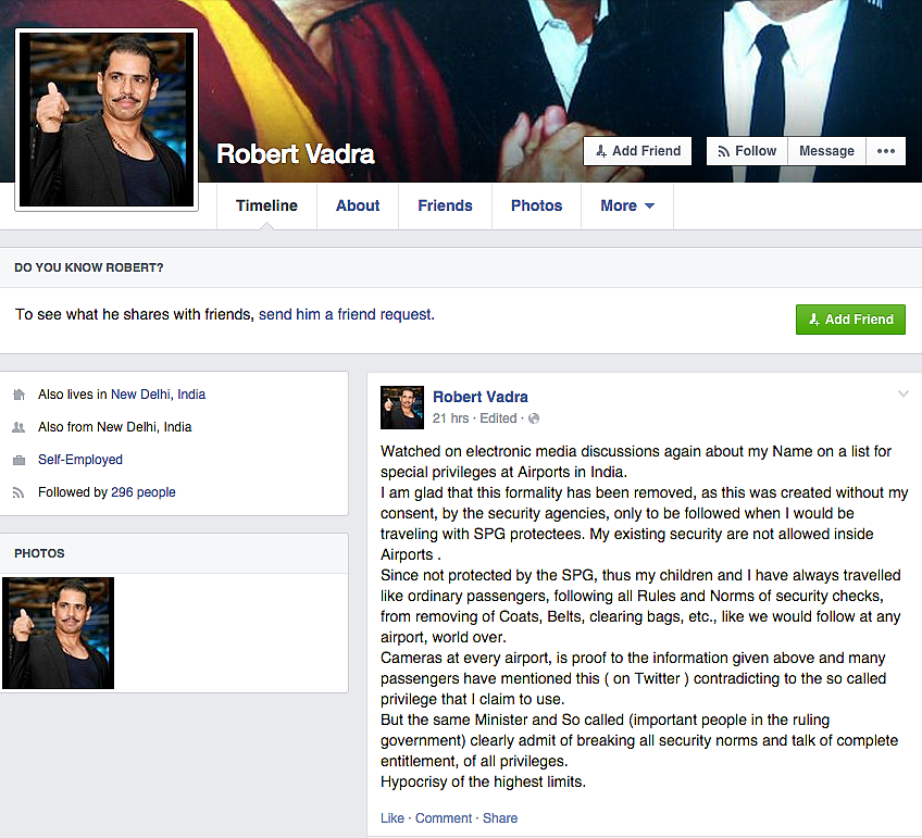Vadra’s Facebook Post