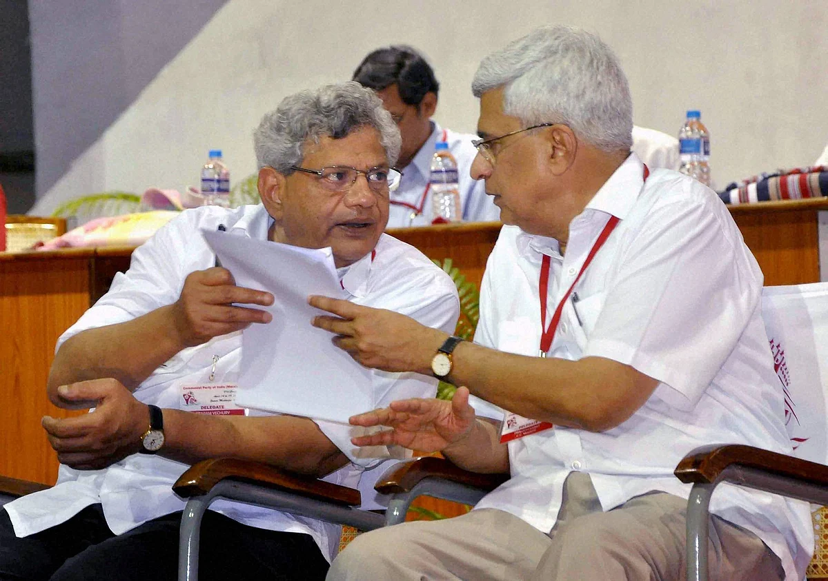 CPI(M) General Secretary Sitaram Yechury (left) and Prakash Karat (right) at the partys 21st National Congress in Visakhapatnam. (Photo: PTI)