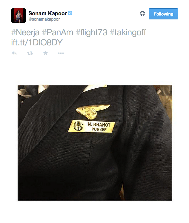 Sonam Kapoor is playing the brave Pan Am flight attendant Neerja Bahnot and tweeted her first look in the film