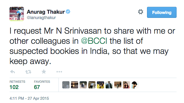 In a stinging response to Srinivasan, Anurag Thakur has asked him to divulge a list of all the ‘suspected bookies’.