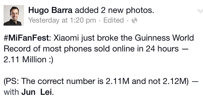 Xiaomi gets overexcited after selling 2.11 million phones in 24 hours, posts wrong figures of 2.12.