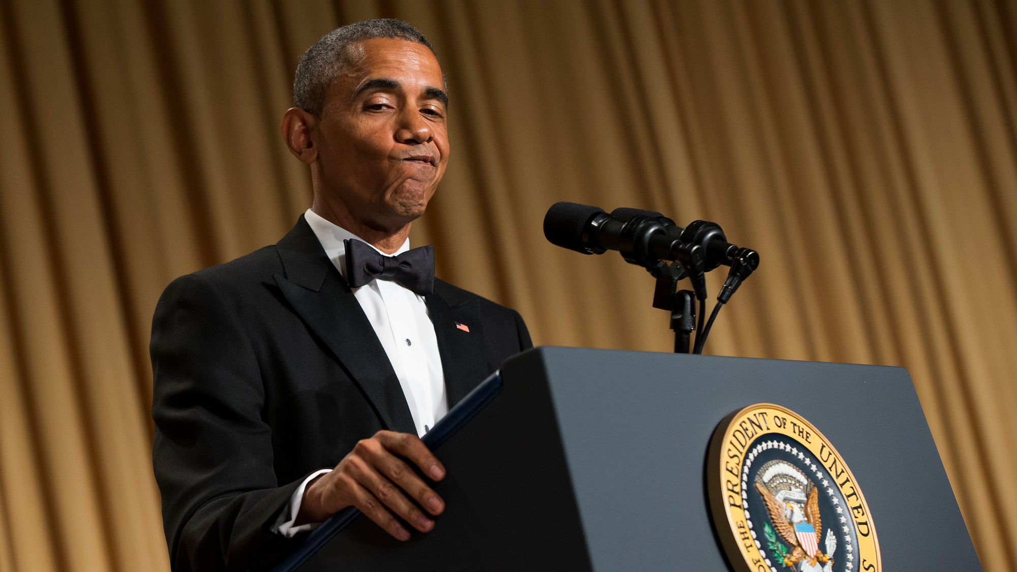 President Barack Obama gestures as he delivers remarks during the White House Correspondents’ Association dinner at the Washington Hilton on Saturday (Photo:&nbsp;AP)