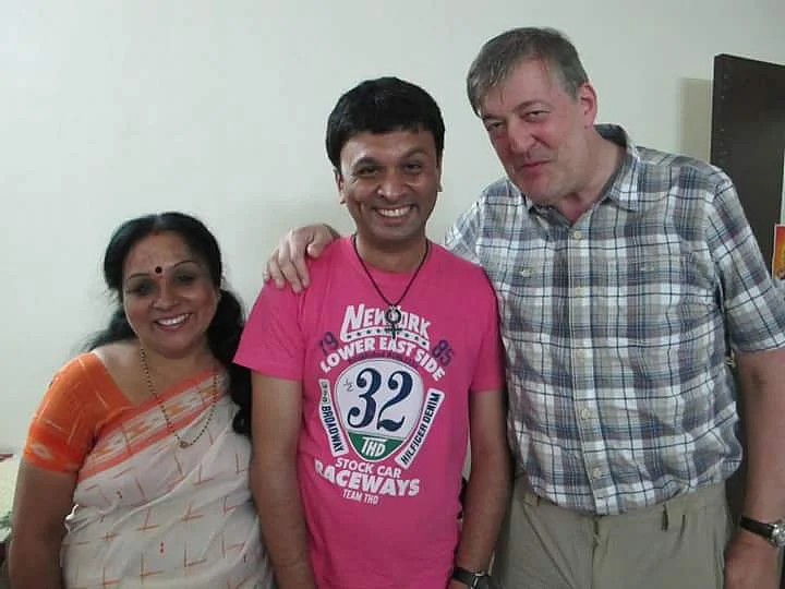 Harish Iyer with his mother Padma Iyer and British actor, writer and activist Stephen Fry, who was in India to film a documentary on the gay community