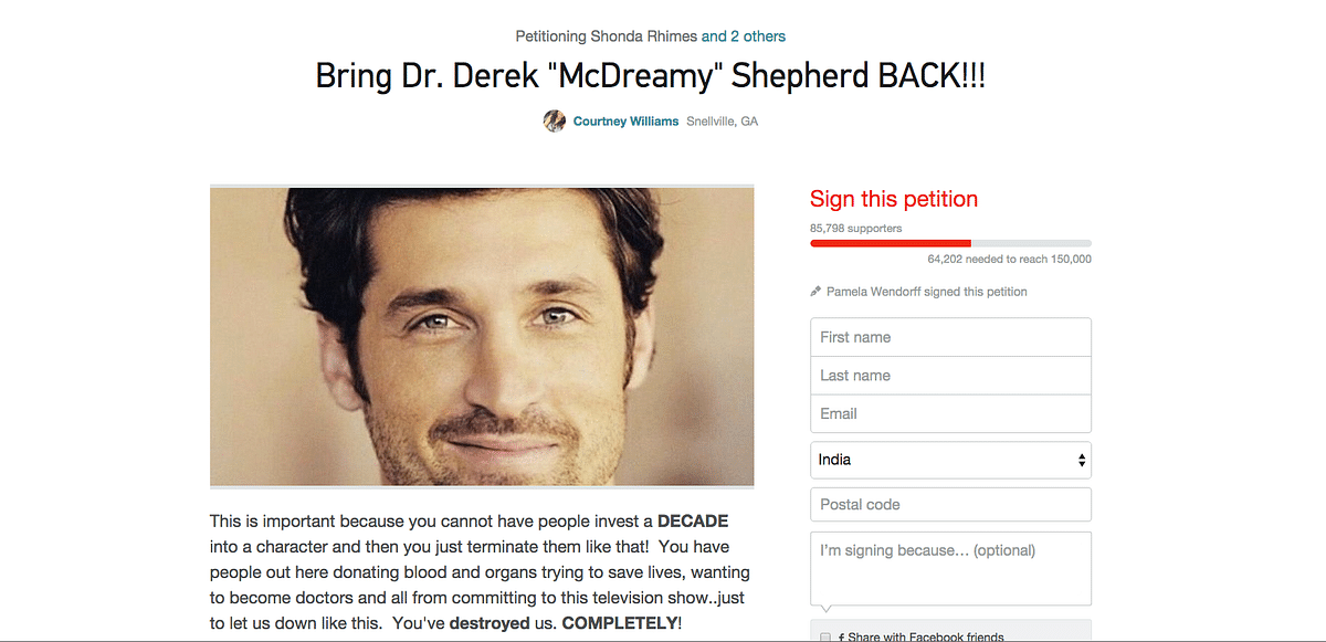A petition to save Dr “McDreamy” Shepherd’s life is being sent to Shonda Rhimes, the creator of Grey’s Anatomy