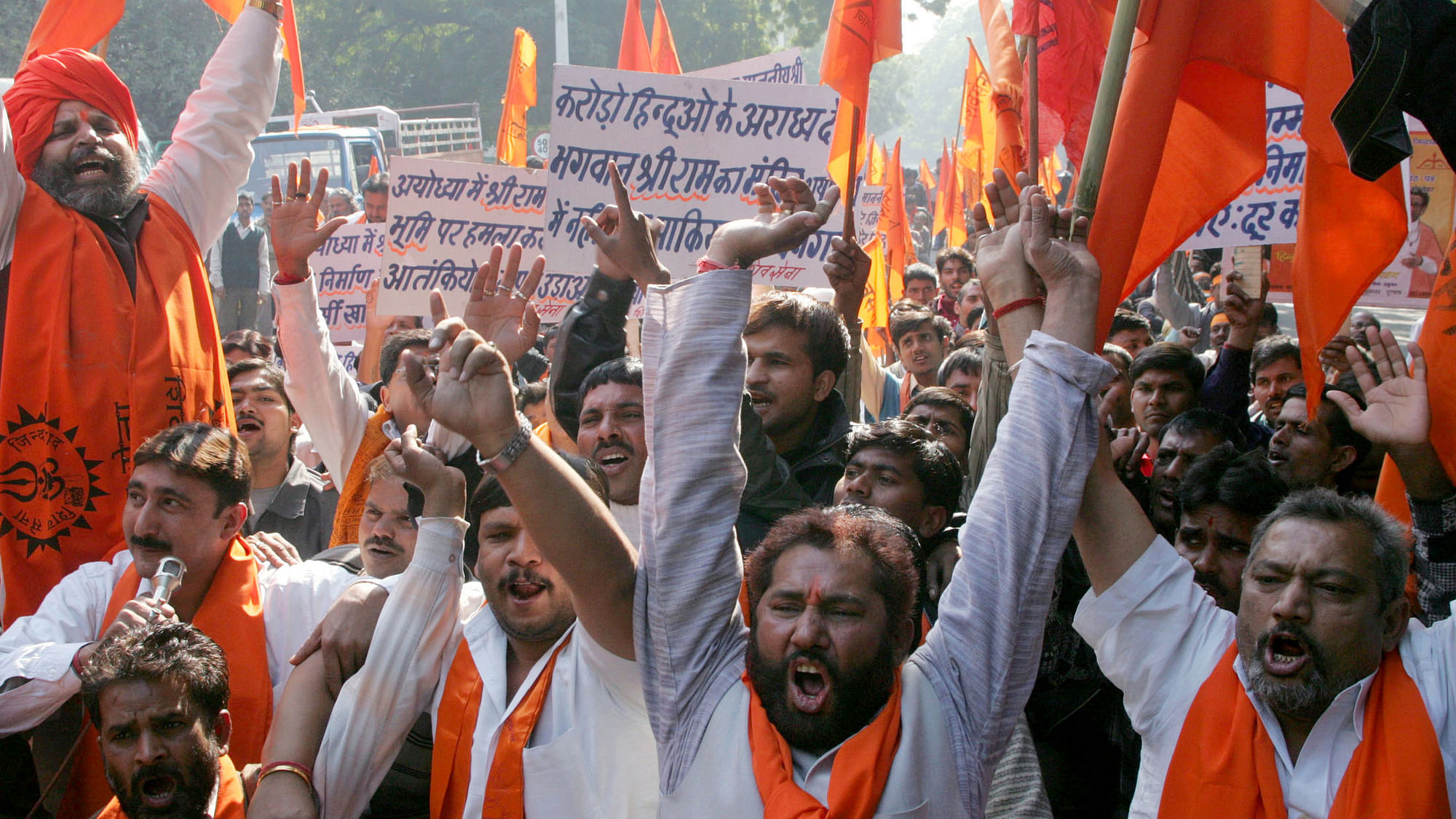Shiv Sena activist protest in New Delhi to mark the 13th anniversary of the Babri mosque.&nbsp;(Photo: Reuters)