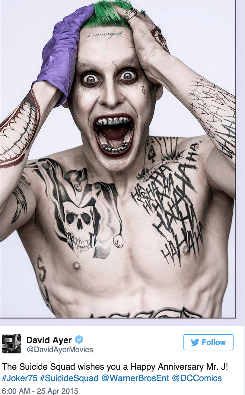 Jared Leto as The Joker in ‘Suicide Squad’ looks maniacal and menacing. What a homage to 75 years of The Joker!
