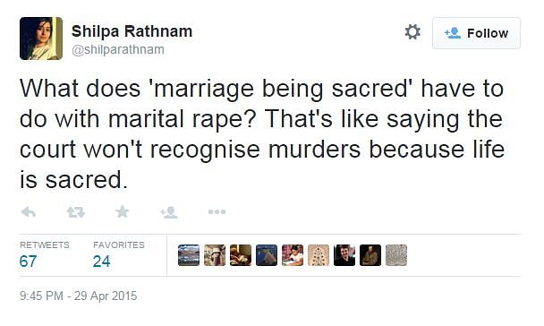 The government says #maritalrape can’t be applied in India. Why? Because marriage is a “sacred” institution. 