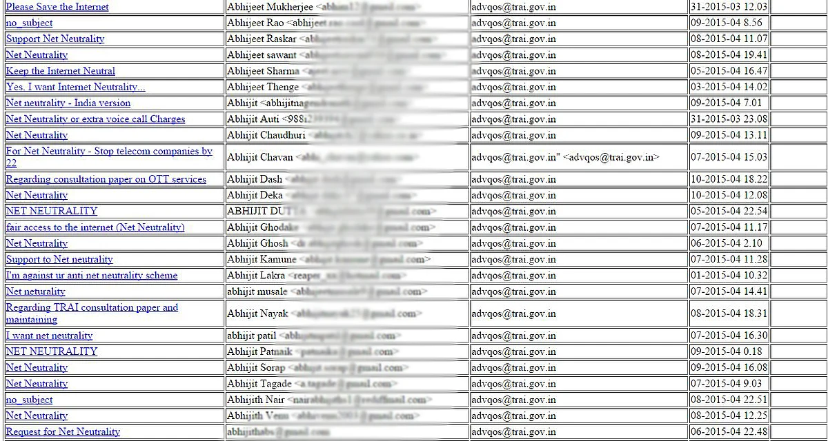 A screenshot of the PDF with all the email addresses which wrote to TRAI. Blurring was done by The Quint. (Photo: http://www.trai.gov.in/) 