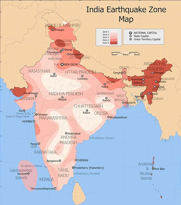 <em>Image Credit: <a href="http://en.wikipedia.org/wiki/File:India_earthquake_zone_map_en.svg">Wikimedia/Arun Ganesh</a></em>
