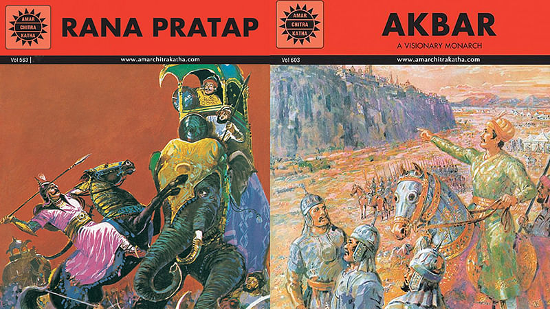 The covers of recent editions of <i>Rana Pratap </i>(L) and <i>Akbar </i>published by Amar Chitra Katha. The comic book was first published in the 1970s.&nbsp;