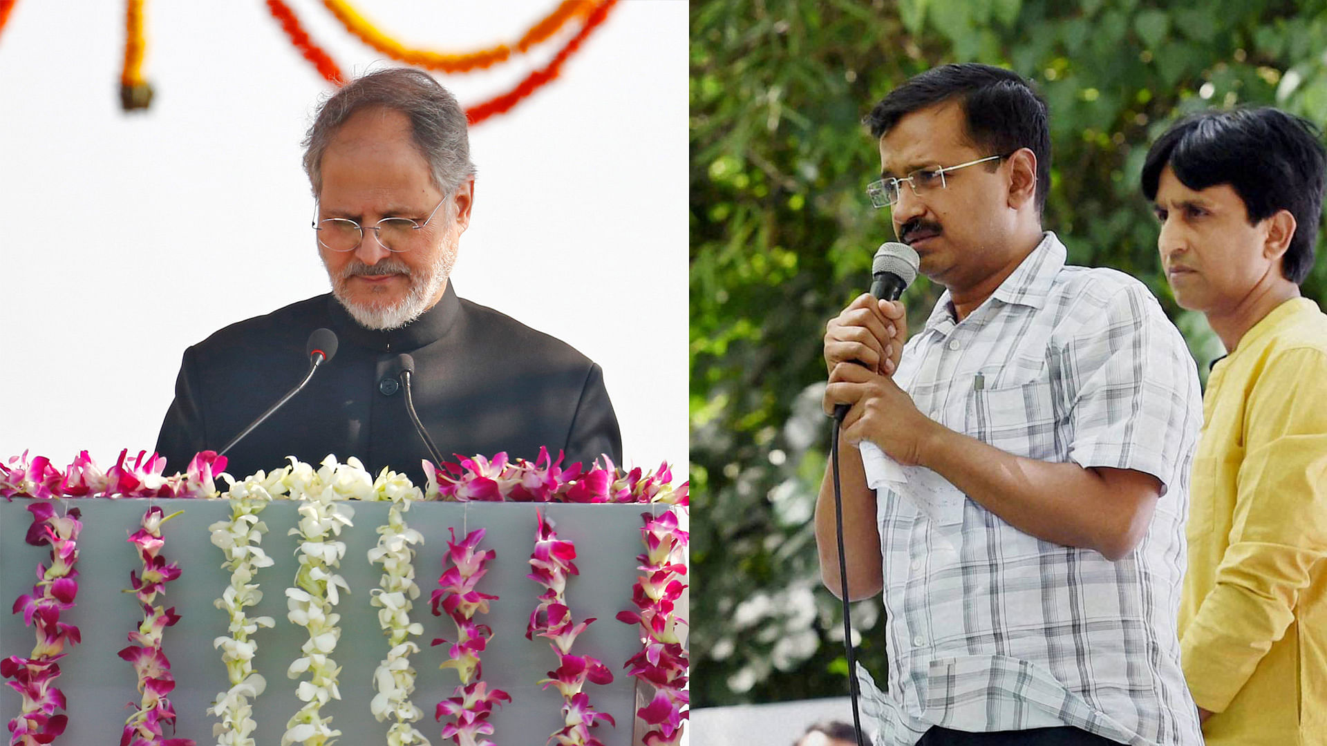 Delhi Lt Governor Najeeb Jung (left) and Delhi CM Arvind Kejriwal. (Photo Courtesy: PTI/Altered by <b>The Quint</b>)
