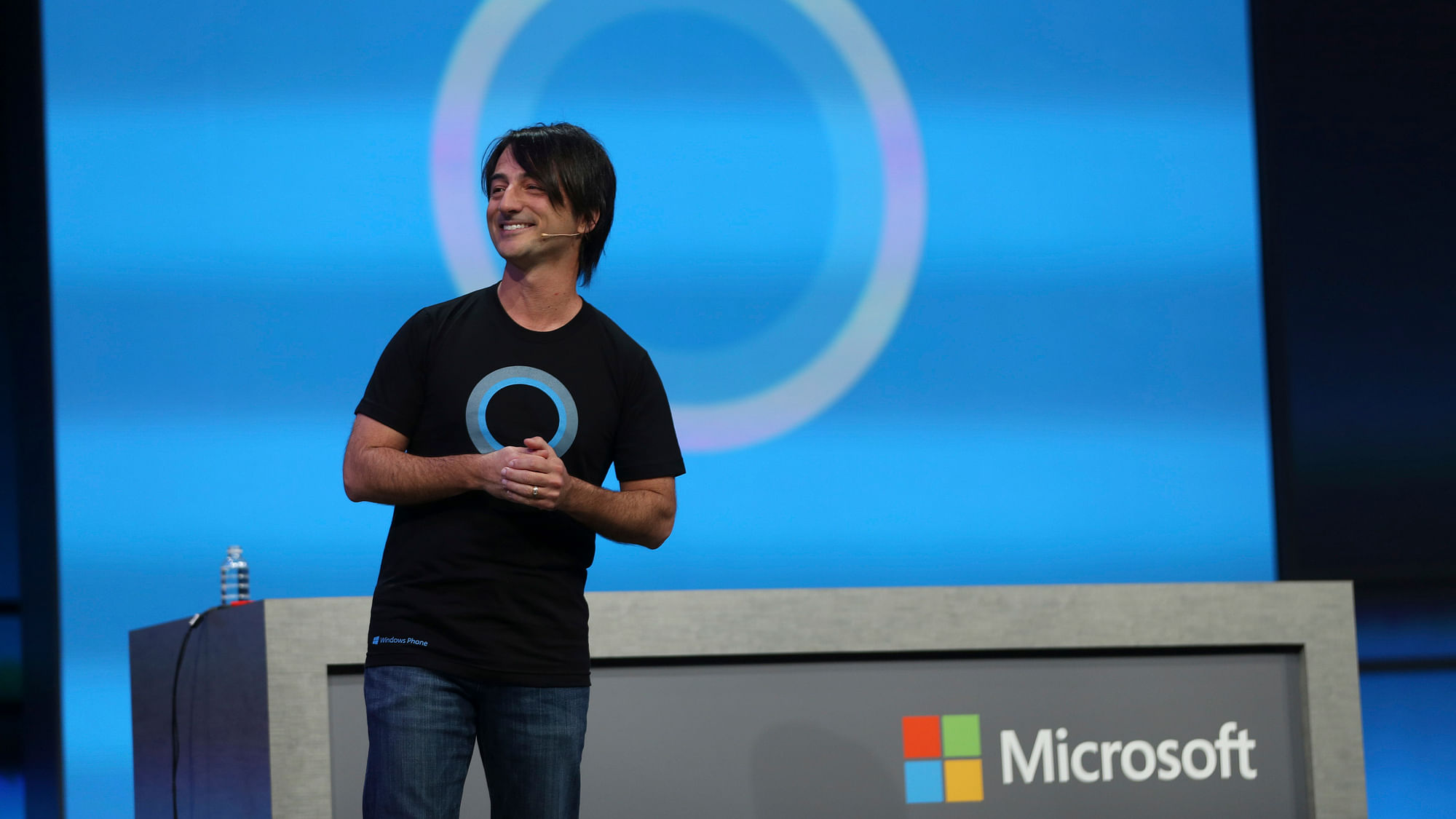 Joe Belfiore, vice president of the operating system group at Microsoft, introduces Cortana.&nbsp;(Photo: Reuters)