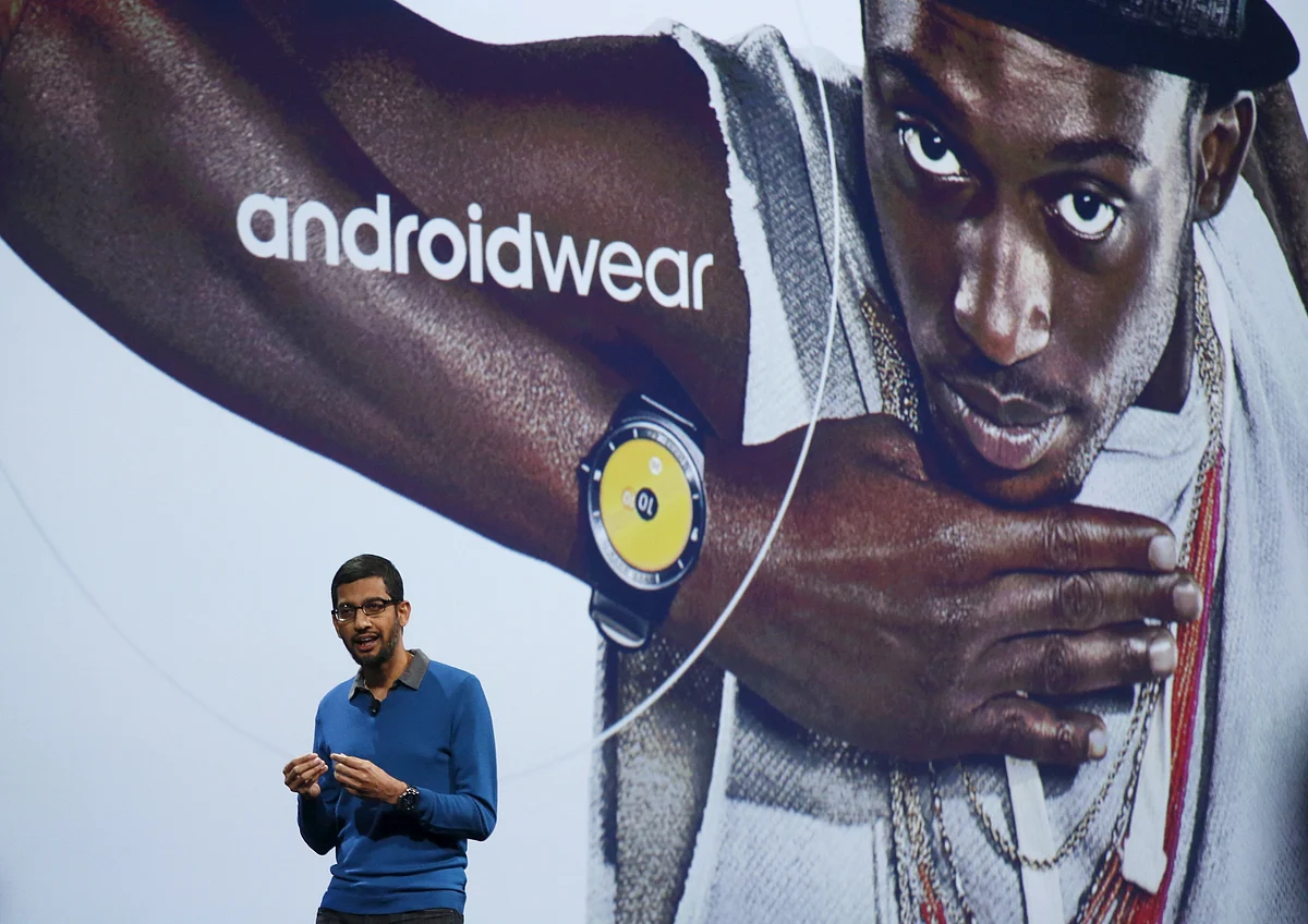 Sundar Pichai, Senior Vice President for products, delivers his keynote address. (Photo: Reuters) 