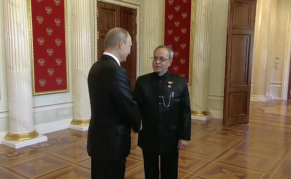 Indian President Pranab Mukherjee with Russian President Vladimir Putin in Moscow. (Photo: AP screengrab)