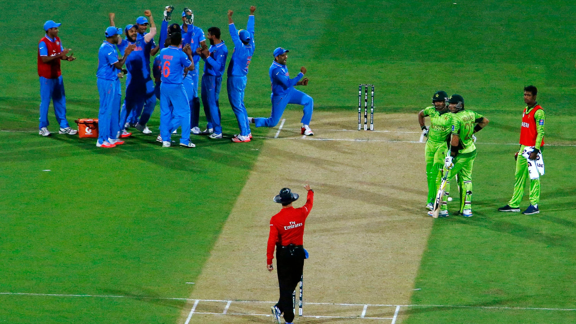 File picture of Indian players celebrating the fall of a wicket during their 2015 World Cup clash with Pakistan.