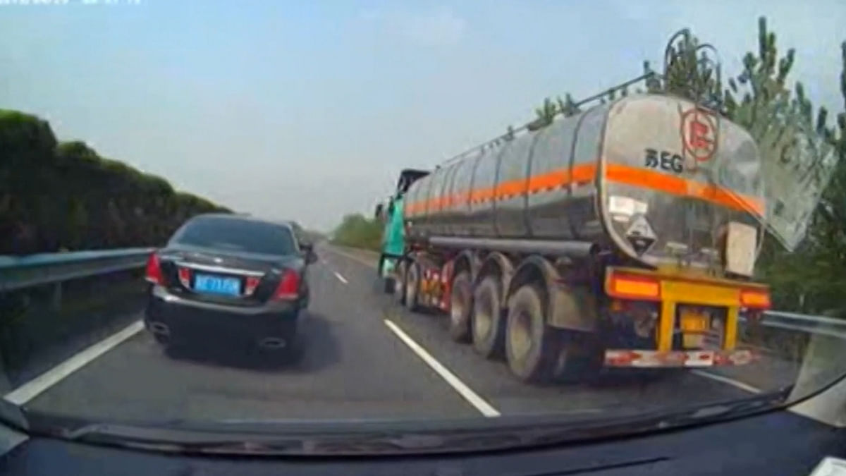 Dramatic Video: Car Crashes into Tanker, Drivers Escape Unhurt 