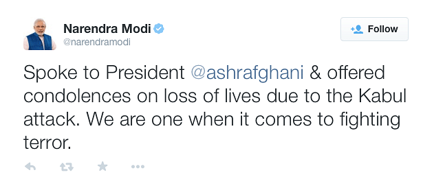 Prime Minister Modi reaches out to his Afghan counterpart to offer condolences over Kabul guesthouse attack.  