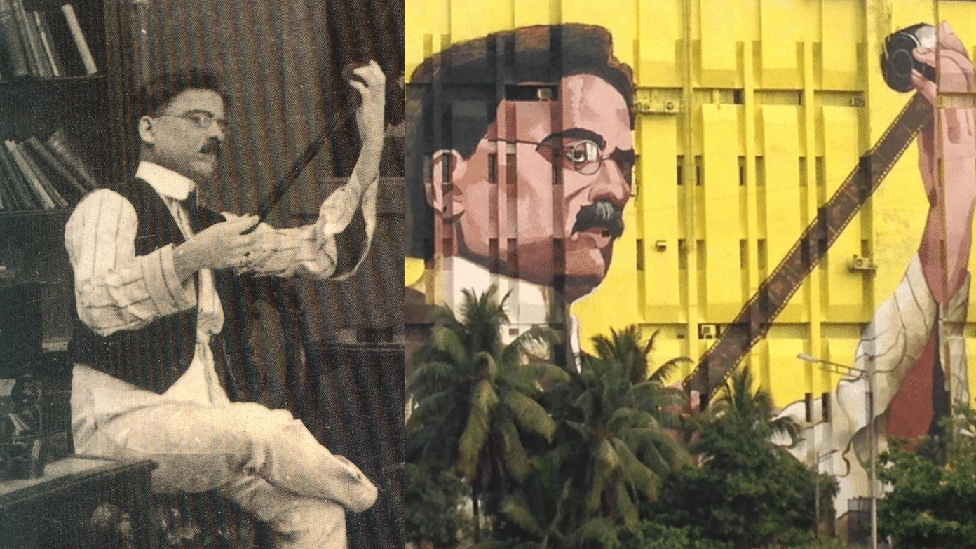 The man and the mural: Dadasaheb Phalkev and his giant mural in Mumbai (Photo courtesy: Twitter; Bollywood Art Project)