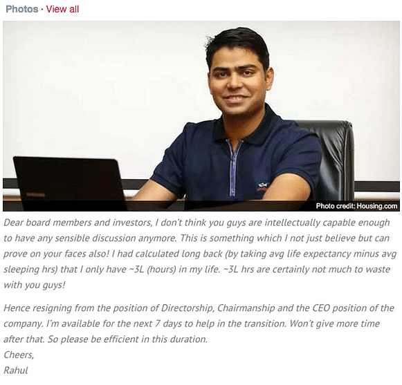 Housing.com’s Rahul Yadav has now withdrawn the badass resignation letter he fired off and apologised to the board. 
