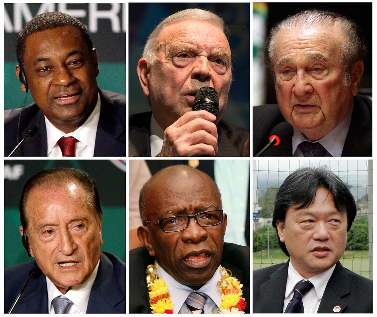 Clockwise from left: Jefferey Webb, Jose Maria Marin, Nicholas Leoz, Eugenio Figuerado, Jack Warner and Eduardo Li, were arrested in Zurich over suspected corruption. (Photo: AP)