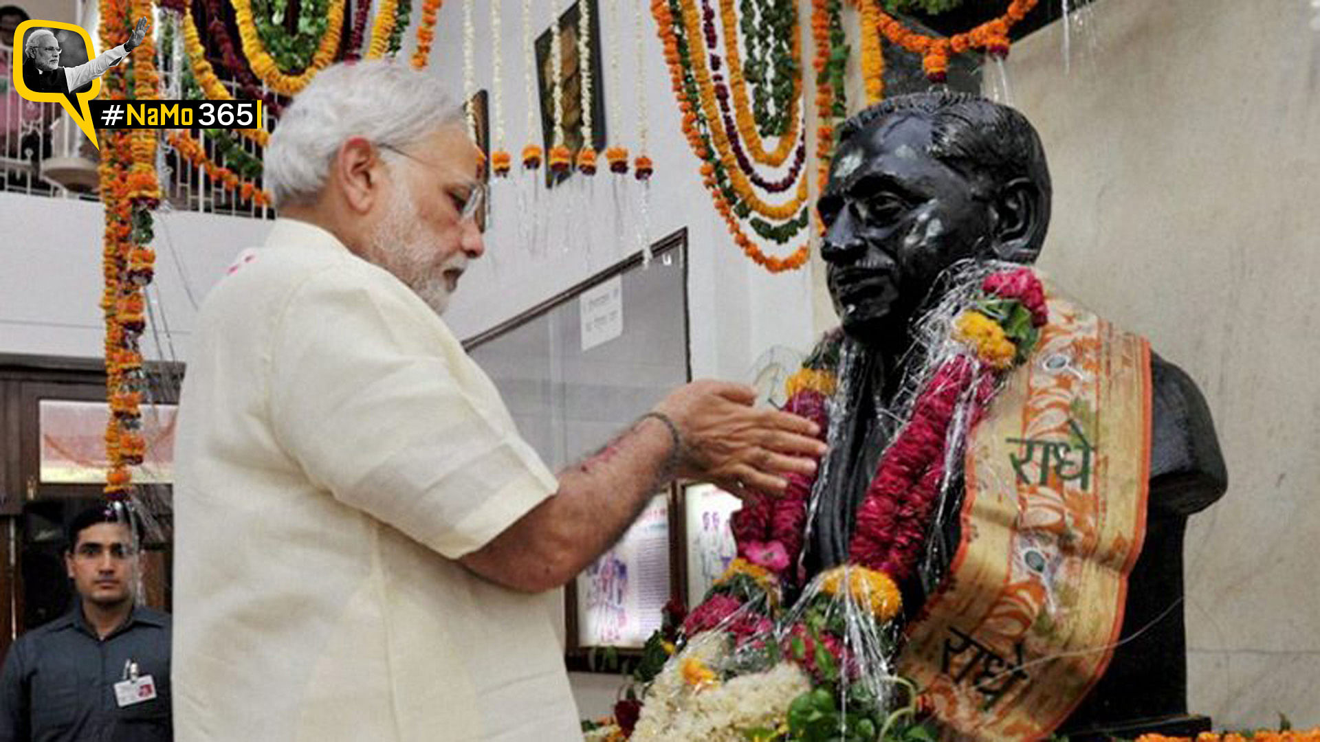 Prime Minister Narendra Modi paying homage to Pt. Deendayal Upadhyay at the Smarak Sthal at Deendayal Dham near Mathura, today. (Photo: PTI)