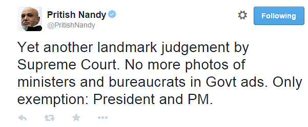 SC rules that only photos of the President, Prime Minister & Chief Justice of India can be published in Govt Ads 