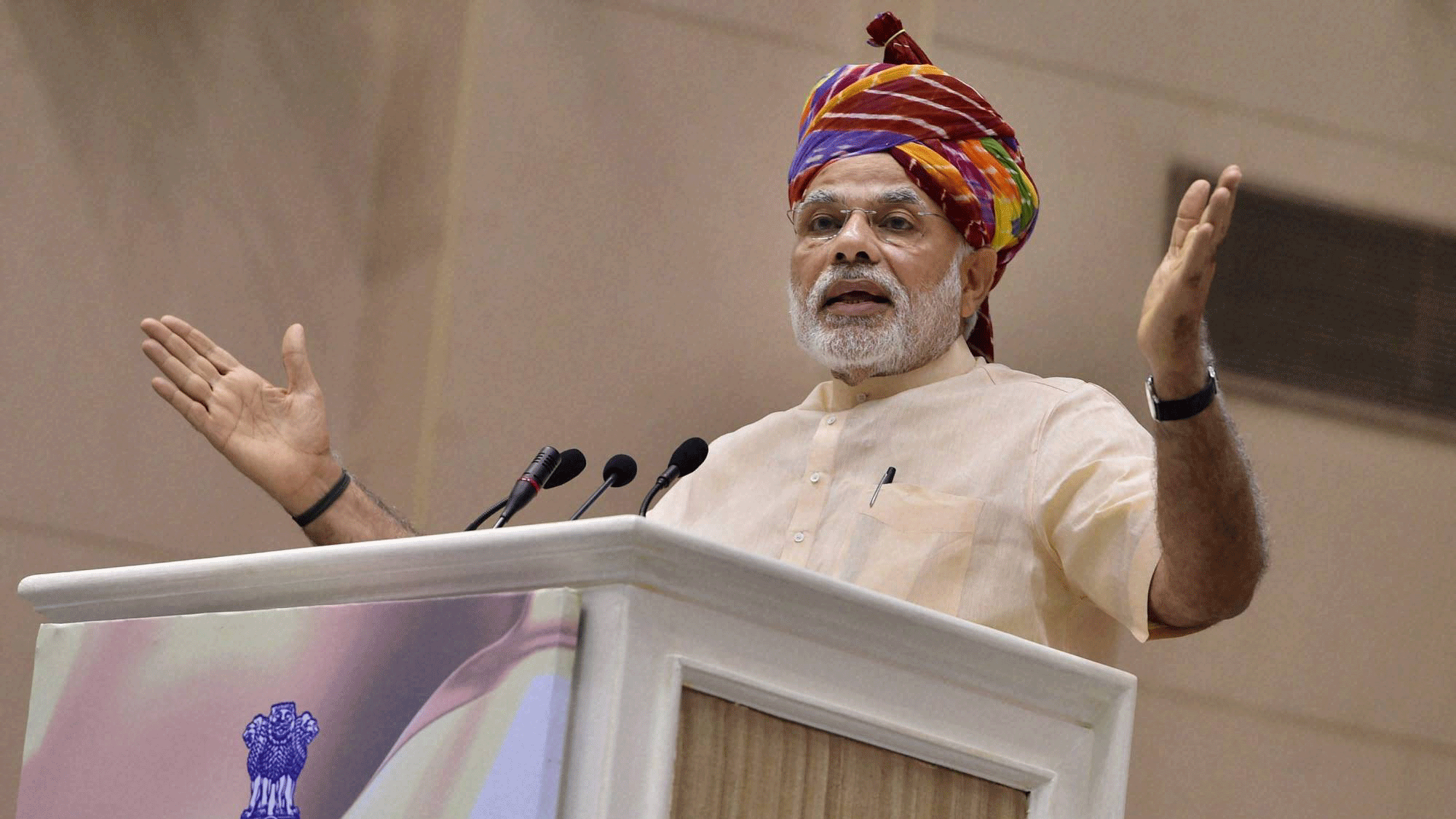 Prime Minister Narendra Modi speaks at the launch of the&nbsp;DD Kisan Channel at a ceremony at Vigyan Bhawan in New Delhi on Tuesday. (Photo: PTI)