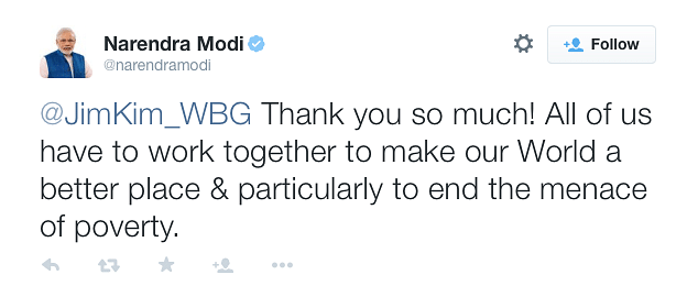 World Bank President Jim Yong Kim reaches out to PM Modi on Twitter and lauds the “visionary steps” taken. 