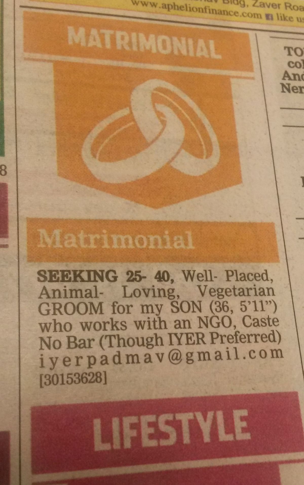 This matrimonial ad was rejected by almost every newspaper citing ‘legal problems’. A case of double standards?