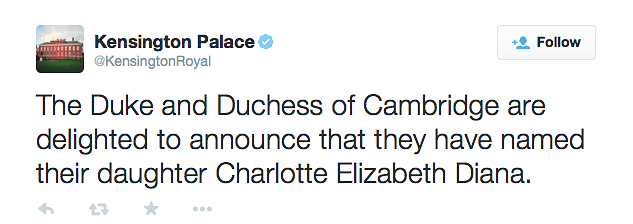 The guessing game comes to an end as the royal baby is named Charlotte Elizabeth Diana. 