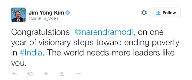 World Bank President Jim Yong Kim reaches out to PM Modi on Twitter and lauds the “visionary steps” taken. 