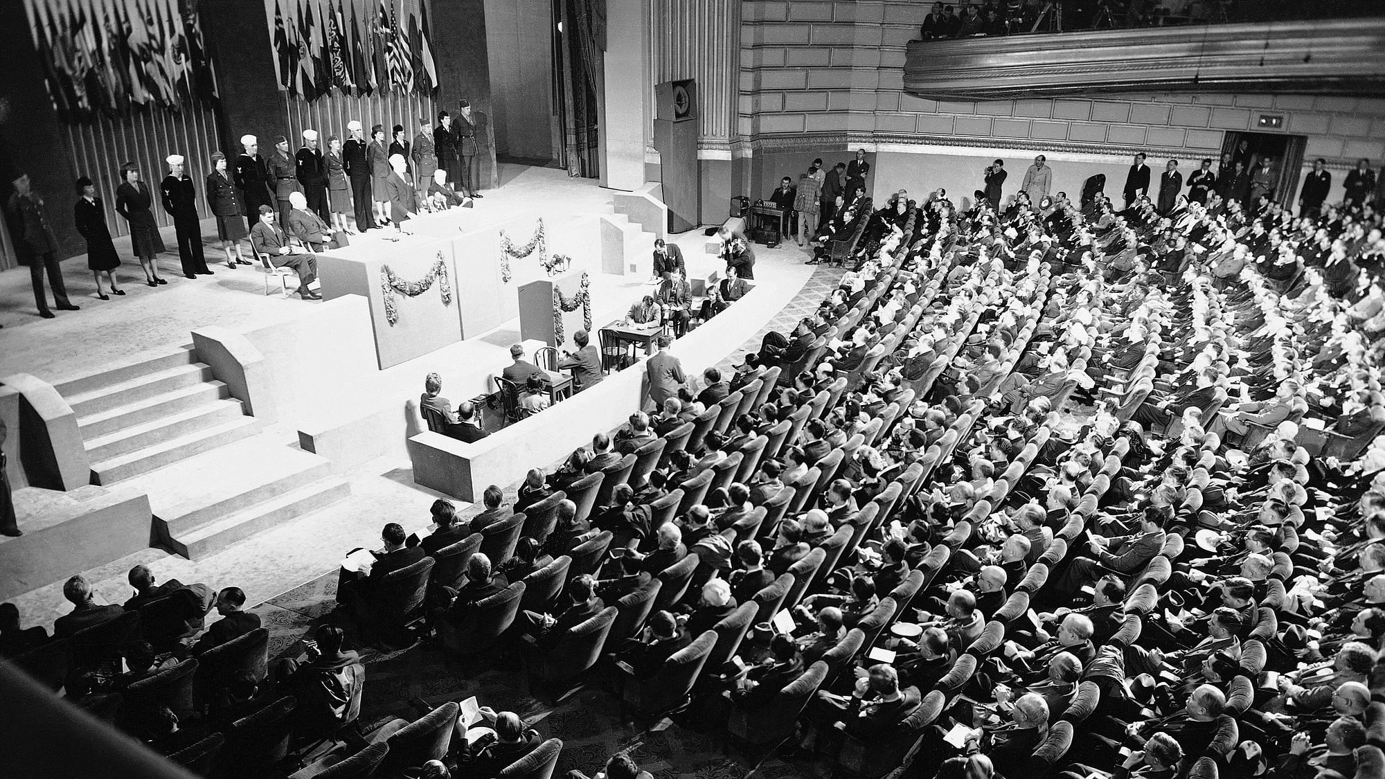 Delegates to the UNSC listen to US President Harry Truman in San Francisco in April 1945.&nbsp;