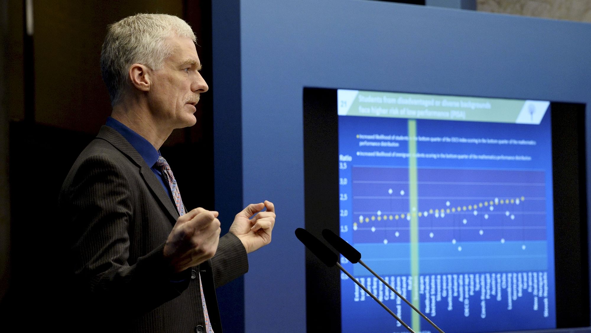 Director for Education and Skills (OECD), Andreas Schleicherat at a news conference at the Swedish Rosenbad Government headquarters in Stockholm, in May, 2015.(Photo: Reuters)<!--EndFragment-->