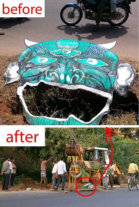 After turning potholes into ‘rakshasas’, Bengaluru artist brings a crocodile to the city’s roads. 