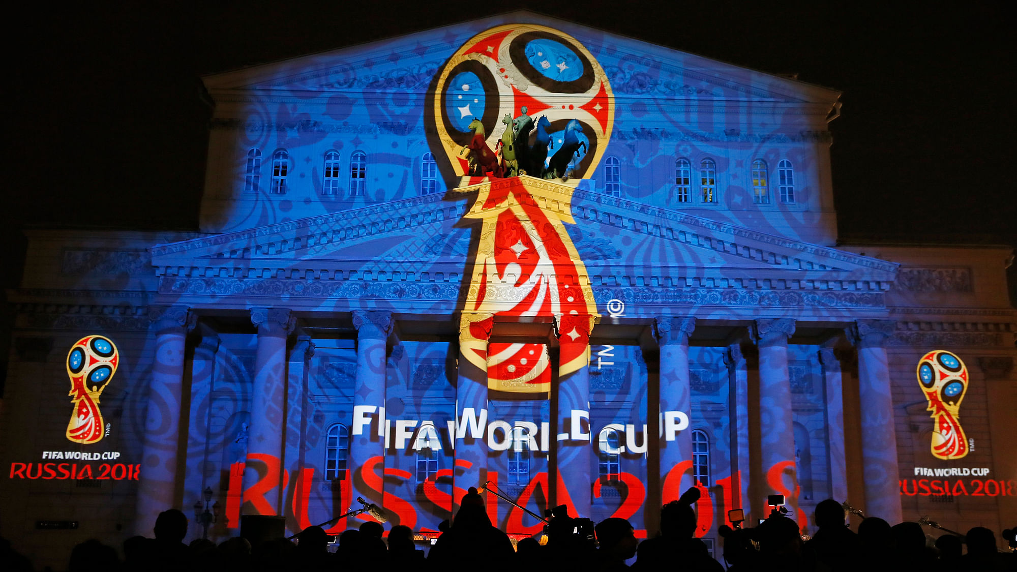  A light installation showing the official logotype of the 2018 FIFA World Cup during its unveiling ceremony at the Bolshoi Theater building in Moscow. (Photo: Reuters)