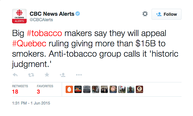 Canadian court asks tobacco companies to pay $11.98 bn to Quebec’s smokers. Companies promise to fight back.
