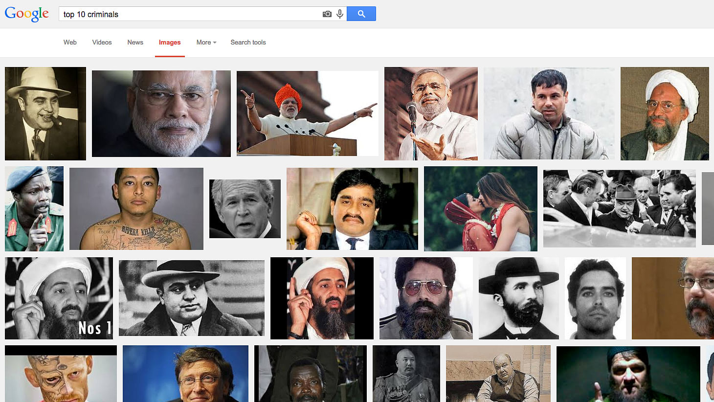 Google search for “India’s top 10 criminals” throws up at least three images of Modi on the first page. (Photo: Google Images Screen Grab)