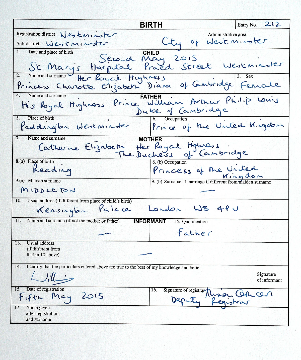 A copy of the birth certificate for Princess Charlotte of Cambridge, signed by her father Prince William at Kensington Palace, is seen in this pool photograph released in London, Britain May 5, 2015. (Photo: Reuters)