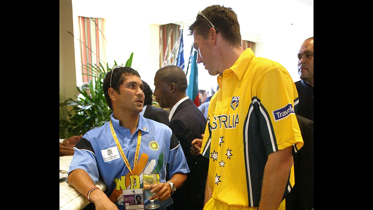Sachin Tendulkar and Grenn McGrath on the sidelines of the 2003 cricket World Cup. (Photo: Reuters)
