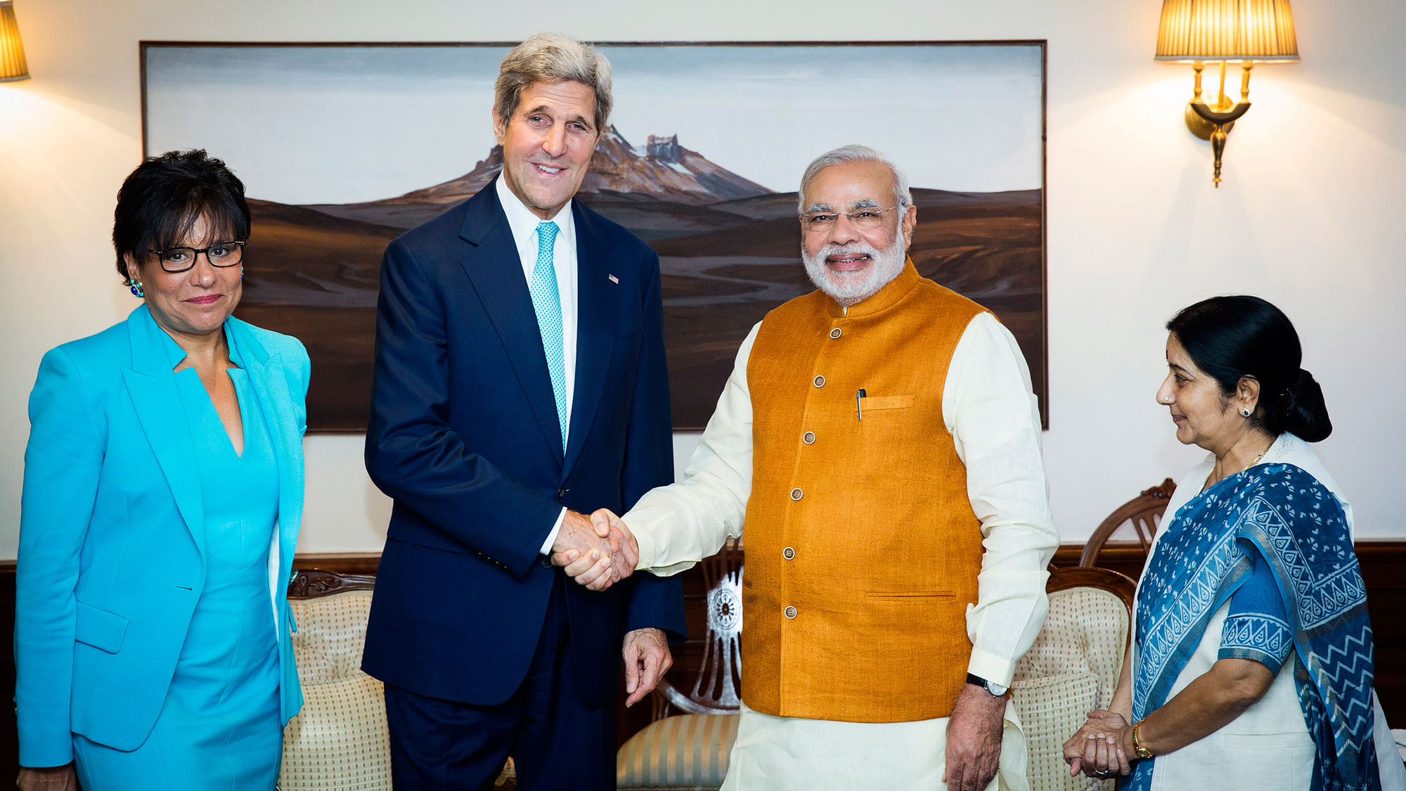 US Secretary of State John Kerry and PM Narendra Modi shake hands, flanked by US Secretary of Commerce Penny Pritzker and External Affairs Minister Sushma Swaraj. (Photo: Reuters)