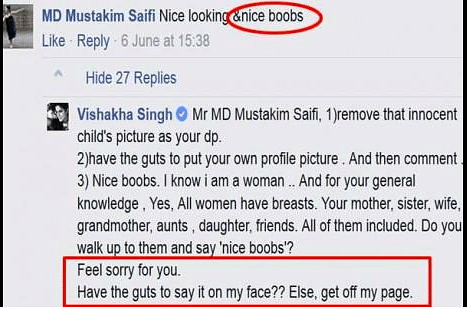 The ‘Fukrey’ actress Vishakha Singh shamed a Facebook user who posted a sexist comment on her picture. 