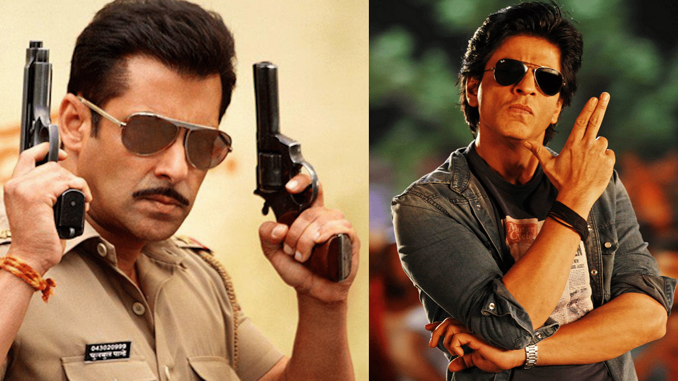 Salman Khan (in a scene from <i>Dabangg</i>, 2010) will be in an epic release battle against SRK (in a scene from <i>Chennai Express</i>, 2013)