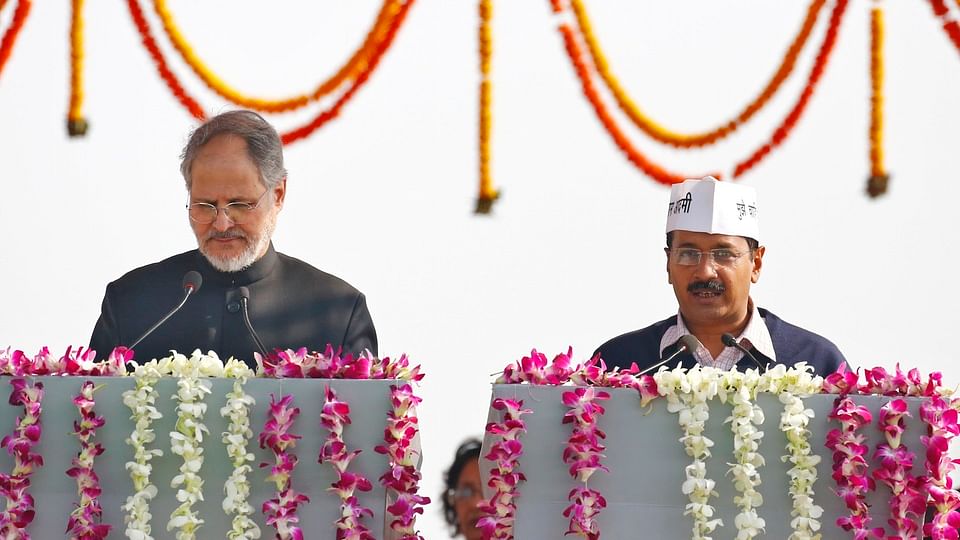 Delhi L-G Najeeb Jung and Chief Minister Arvind Kejriwal at the latter’s swearing in (Photo: Reuters)