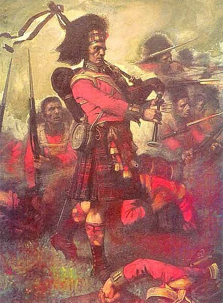 A Cameron urging on the Highland Line at the Battle of Waterloo in 1815. He is playing the Piobaireachd “War or Peace”. (Photo Courtesy: Wikimedia Commons)